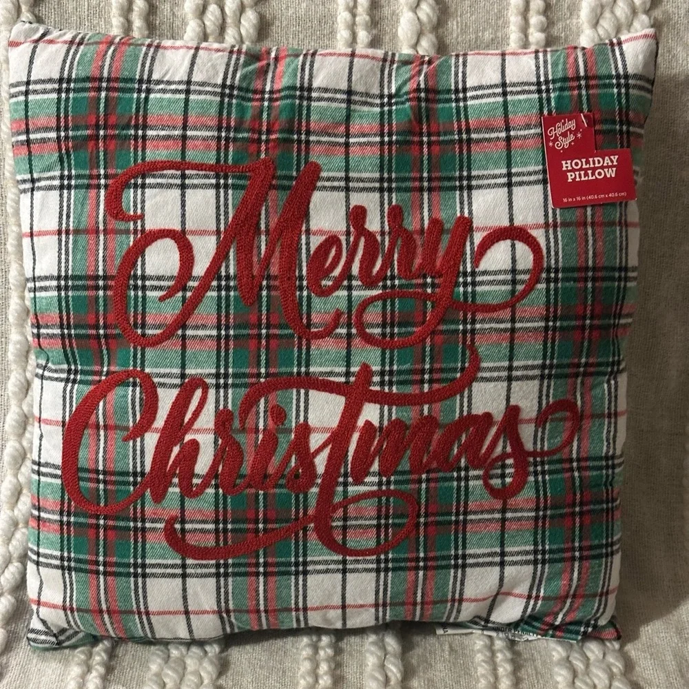 Holiday Pillow with Red & Green Plaid Design Merry Christmas 16 inch X 16 inch